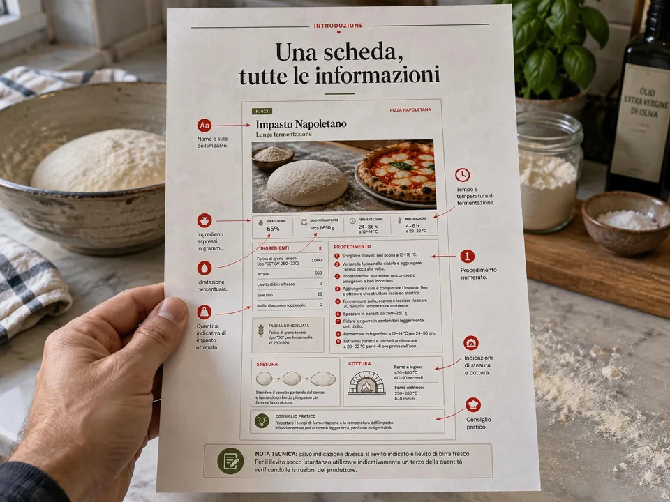Una mano tiene la scheda A4 della guida degli impasti per pizza