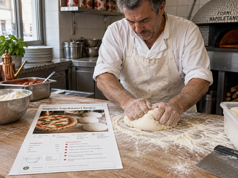 Un pizzaiolo italiano impasta consultando la ricetta napoletana stampata in A4