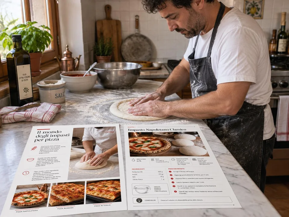 Un pizzaiolo italiano stende la pizza con le pagine della guida sul piano di lavoro