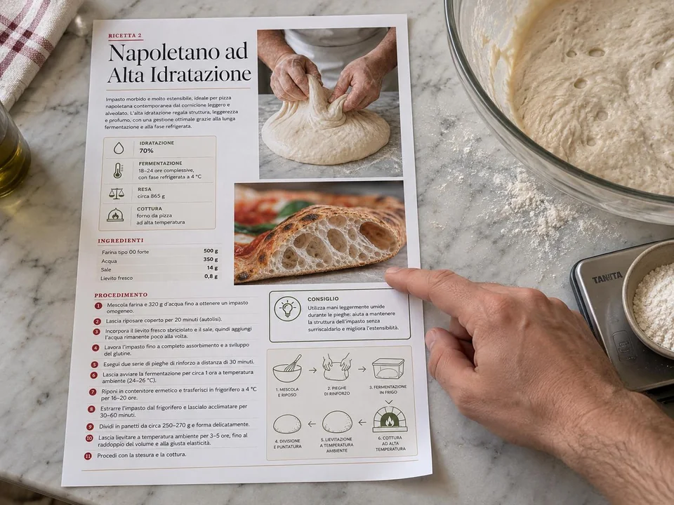 La ricetta ad alta idratazione stampata in A4 accanto all'impasto in cucina