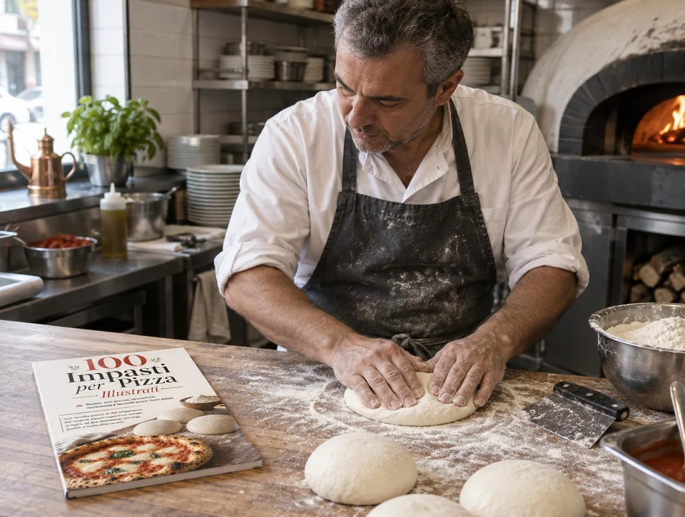 Un pizzaiolo italiano prepara l'impasto in cucina consultando la guida 100 Impasti per Pizza Illustrati